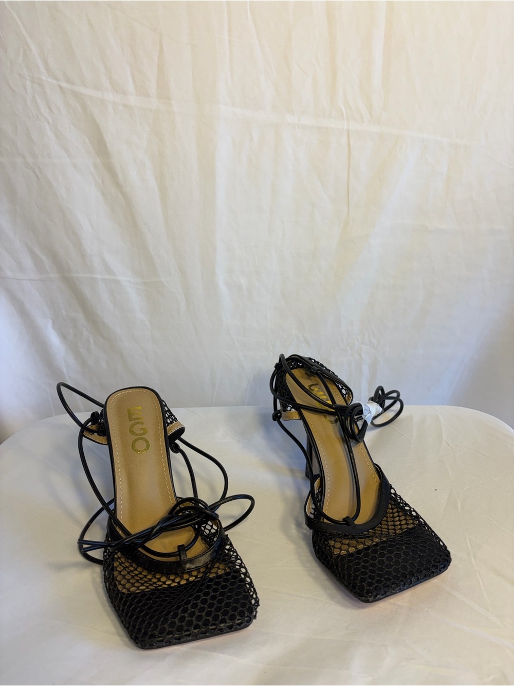 EGO Black Lace-Up Mesh Square-Toe Strap Heels